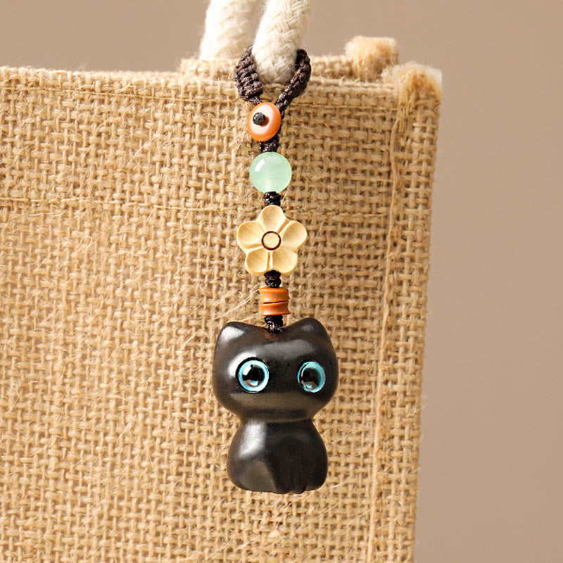Buddha Stones Mini Small Leaf Red Sandalwood Ebony Wood Lucky Cat Lovely Kitty Peace Key Chain Phone Hanging Decoration - image 5