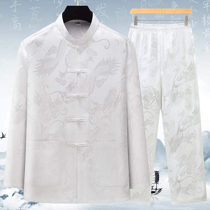 Buddha Stones Tang Suit Men Hanfu Chinese Dragon Traditional Clothes Kung Fu Shirt Uniform Long Sleeved Coat Tops and Pants Clothing Men's Set