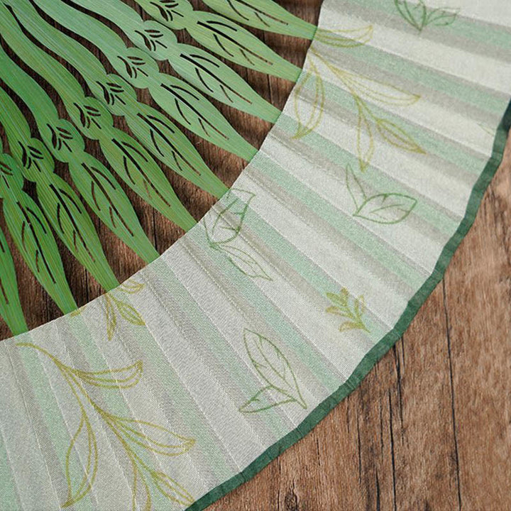 Buddha Stones Green Leaves Handheld Silk Bamboo Folding Fan