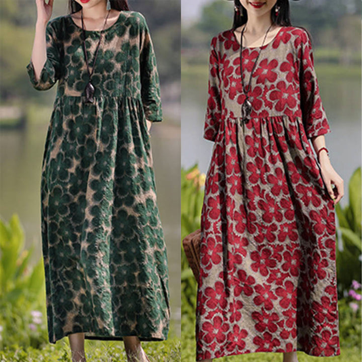 Buddha Stones Flowers Print Midi Dress Cotton Linen Tunic Dress With Pockets