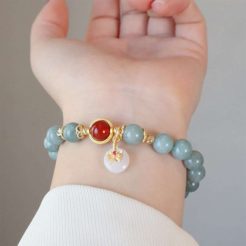 Buddha Stones Natural Jade Red Agate Pearl Bow Tie Luck Bracelet