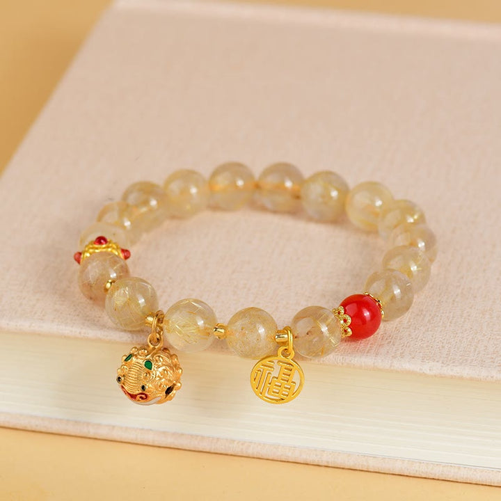 Buddha Stones Natural Golden Rutilated Quartz Fu Character Charm Bell Wealth Bracelet