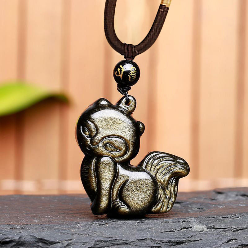 Buddha Stones Natural Rainbow Obsidian Gold Sheen Obsidian Nine Tailed Fox Positive Necklace Pendant