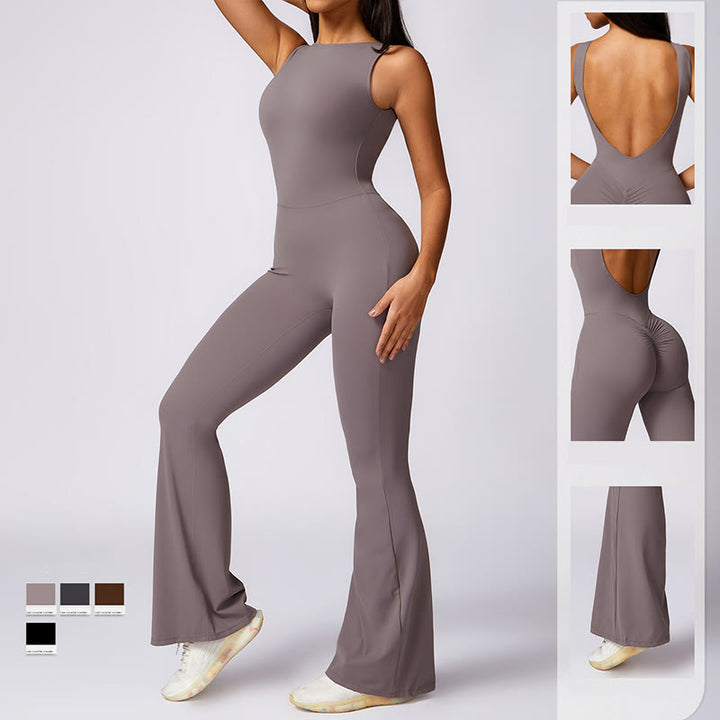 Buddha Stones Women Casual Sleeveless Jumpsuit Flare Pants Sports Fitness Yoga Bodysuit