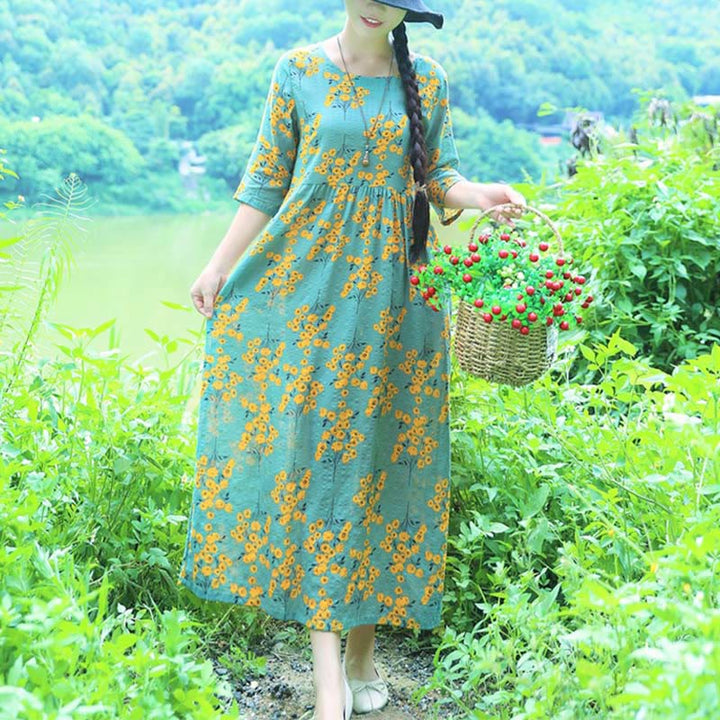 Buddha Stones Flowers Print Midi Dress Cotton Linen Tunic Dress With Pockets