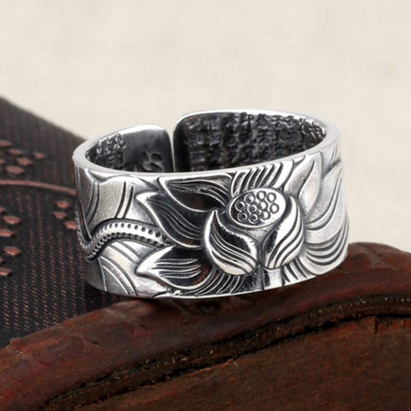 Buddha Stones 999 Sterling Silver Lotus Symbol Heart Sutra Protection Ring - image 1