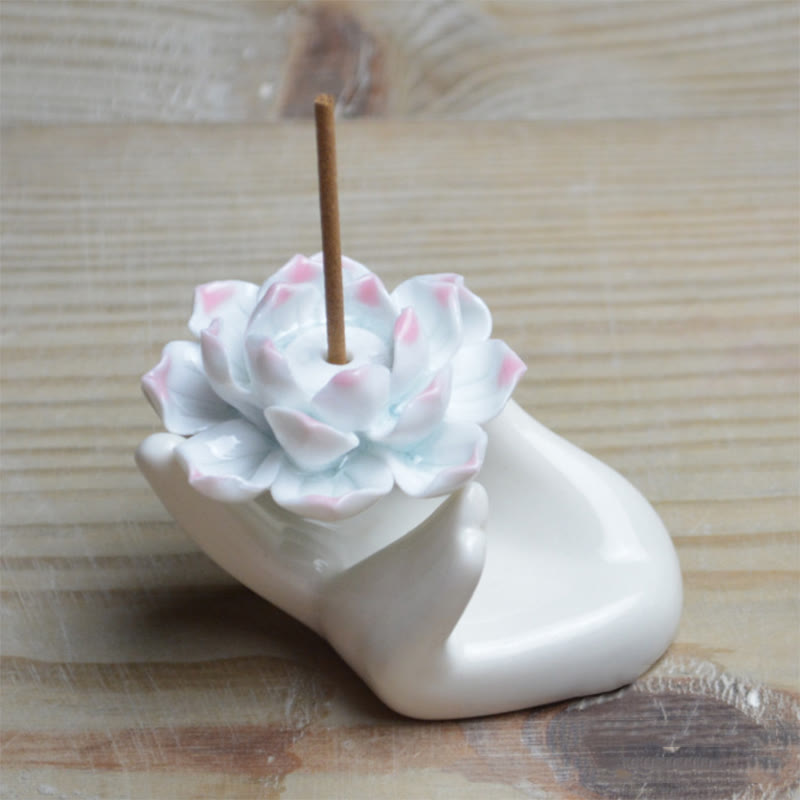 Buddha Stones Small Ceramic Lotus Hand Healing Meditation Incense Burner Decoration - image 4