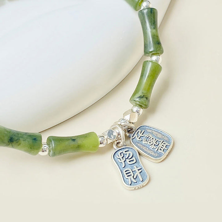 Buddha Stones 925 Sterling Silver Bamboo Jade Lucky Cat Fu Character Luck Abundance Bracelet - image 11