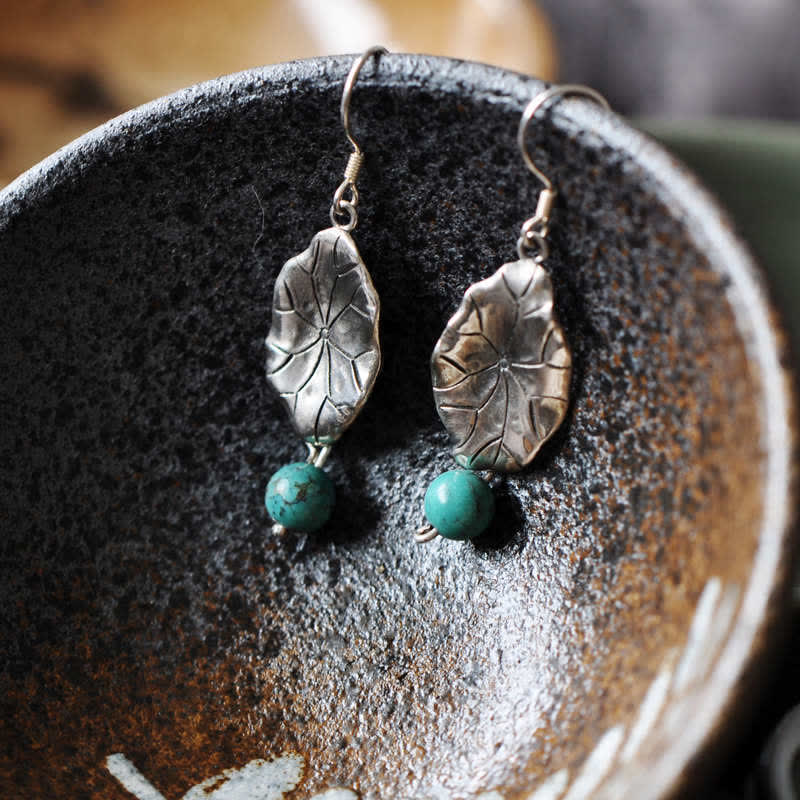 925 Sterling Silver Turquoise Lotus Leaf Protection Drop Dangle Earrings - image 7