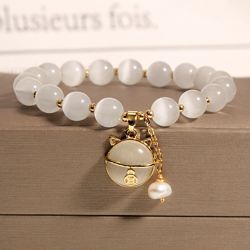 Buddha Stones Cat's Eye Lovely Cat Pattern Pearl Love Charm Bracelet - image 2