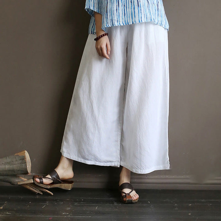 Buddha Stones Red Blue Peony Midi Dress Half Sleeve Cotton Linen Dress Wide Leg Pants With Pockets