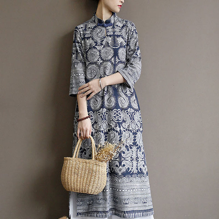 Buddha Stones Blue And White Porcelain Pattern Frog-button Midi Dress Three Quarter Sleeve Linen Batik Dress With Pockets