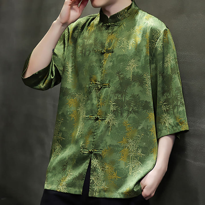 Buddha Stones Bamboo Leaves Pattern Chinese Half Sleeve Shirt Men T-shirt