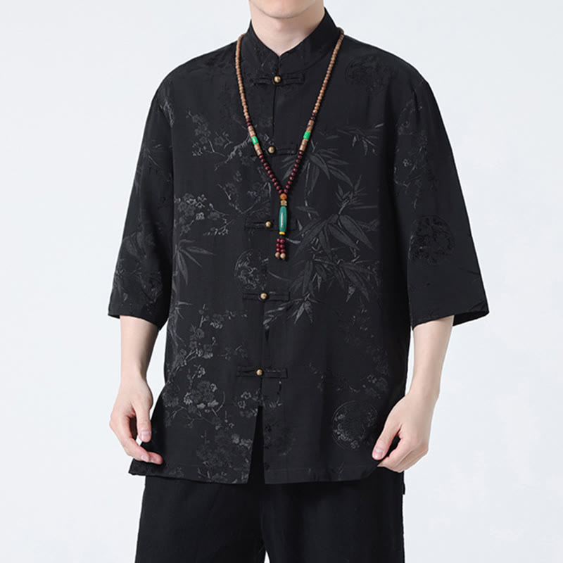 Buddha Stones Peach Blossom Bamboo Leaves Frog-button Chinese Half Sleeve Shirt Men T-shirt