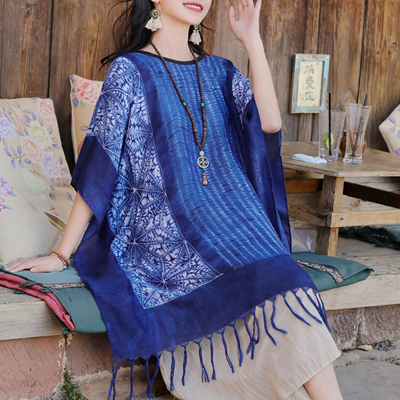 Buddha Stones Blue Geometric Stripes Batik Shawl Tassels Cozy Travel Pullover 90*95cm