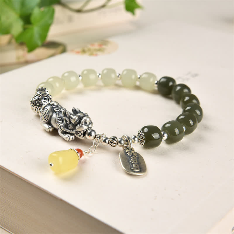 925 Sterling Silver Natural Hetian Jade Amber PiXiu Luck Bracelet - image 5