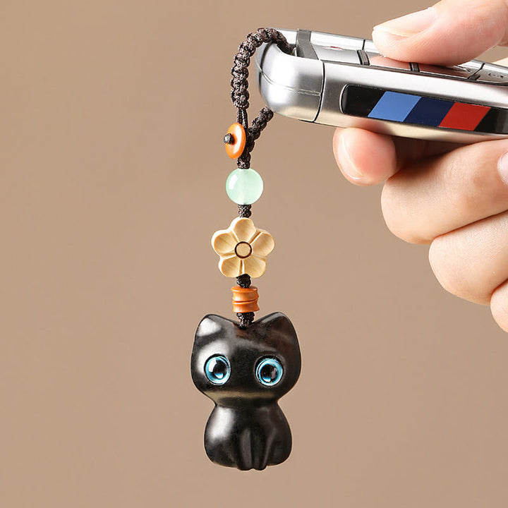 Buddha Stones Mini Small Leaf Red Sandalwood Ebony Wood Lucky Cat Lovely Kitty Peace Key Chain Phone Hanging Decoration - image 4