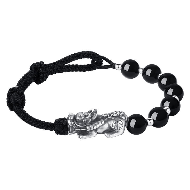 Buddha Stones 999 Sterling Silver FengShui PiXiu Natural Black Obsidian 925 Sterling Silver Bead Strength Bracelet - image 11