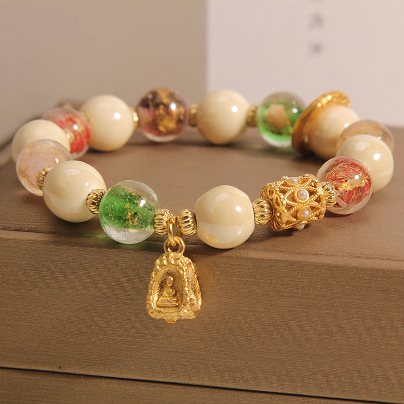 Buddha Stones Tibetan Multicolored Liuli Glass Bead Buddha Lotus Charm Enlightenment Bracelet