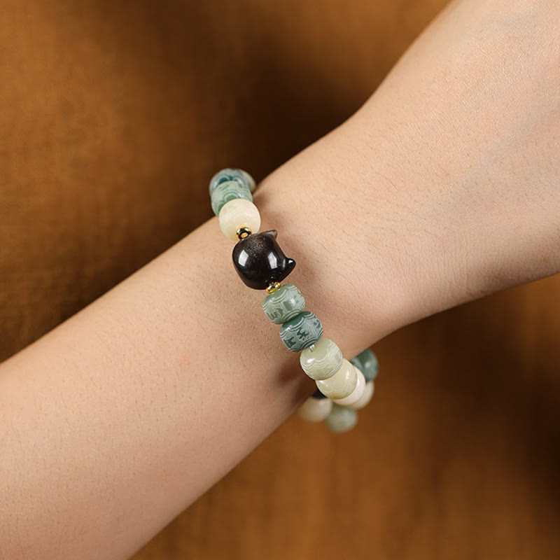 Buddha Stones Bodhi Seed Silver Sheen Obsidian Cat Head Om Mani Padme Hum Engraved Harmony Bracelet - image 12