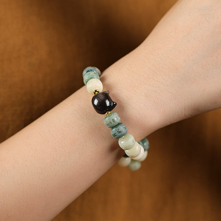 Buddha Stones Bodhi Seed Silver Sheen Obsidian Cat Head Om Mani Padme Hum Engraved Harmony Bracelet - image 12
