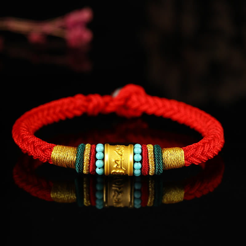 Buddha Stones Tibet 999 Gold Om Mani Padme Hum Handmade Eight Thread Peace Knot Luck Bracelet - Turquoise Rope Buckle Red Rope - 19cm - image 5
