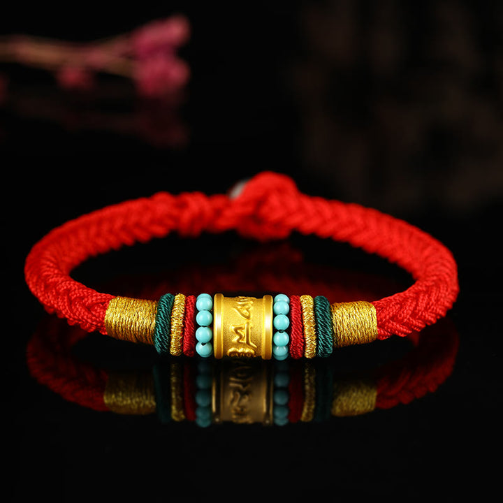 Buddha Stones Tibet 999 Gold Om Mani Padme Hum Handmade Eight Thread Peace Knot Luck Bracelet - Turquoise Rope Buckle Red Rope - 19cm - image 5
