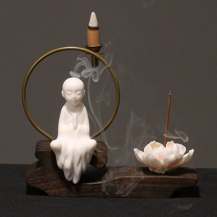 Buddha Stones Ceramic Lotus Healing Meditation Incense Burner Decoration - White Little Monk - image 9