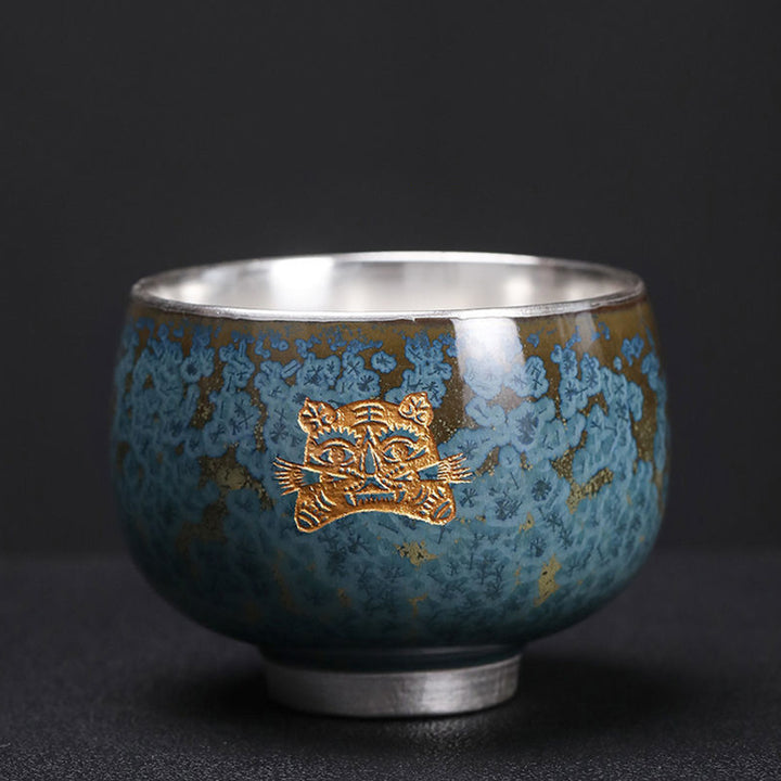 Buddha Stones 999 Gilt Silver Gilt Chinese Zodiac Ceramic Teacup Kung Fu Tea Cup 160ml