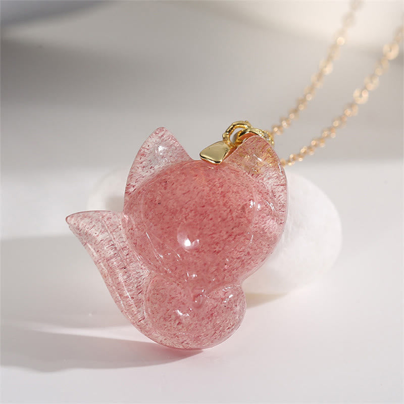Buddha Stones 925 Sterling Silver Plated 14k Gold Strawberry Quartz Fox Healing Necklace Pendant - image 2