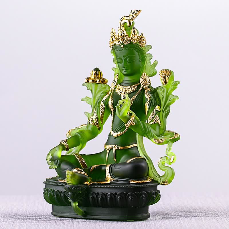 Bodhisattva Green Tara Handmade Liuli Crystal Art Piece Protection Home Office Statue Decoration