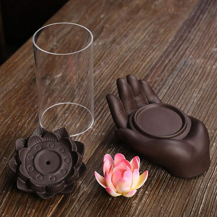 Buddha Stones Buddha Hand Lotus Enlightenment LED Light Purple Clay Ceramic Incense Burner Decoration - image 2