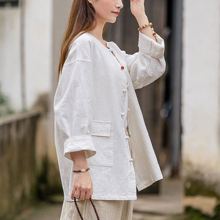 Buddha Stones Retro Zen Design Long Sleeve Shirt Ramie Linen Jacket With Pockets