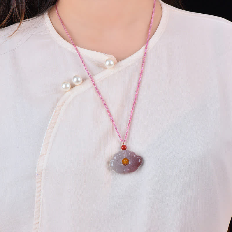 Pink Golden Silk Jade Lotus Flower Wealth Necklace Pendant - image 3