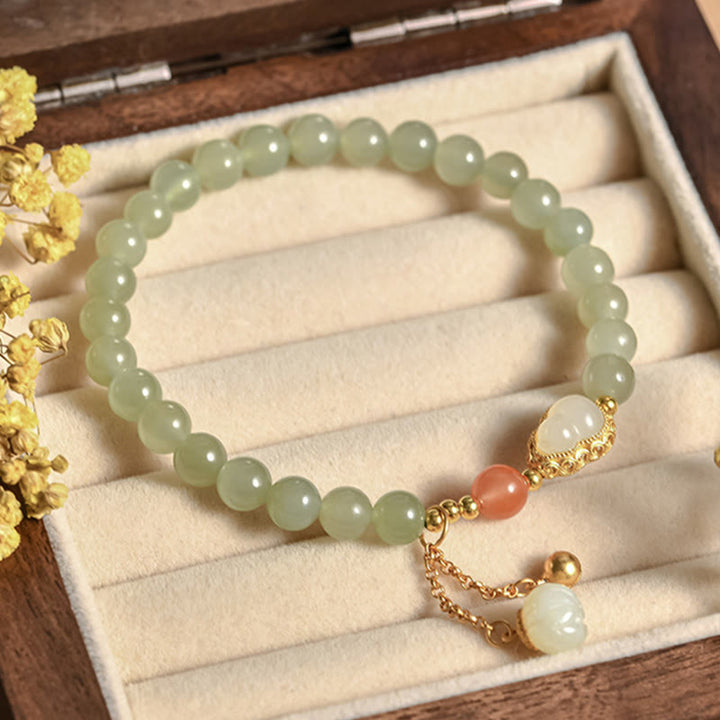 925 Sterling Silver Hetian Jade Gourd Lotus Abundance Luck Bracelet - image 10