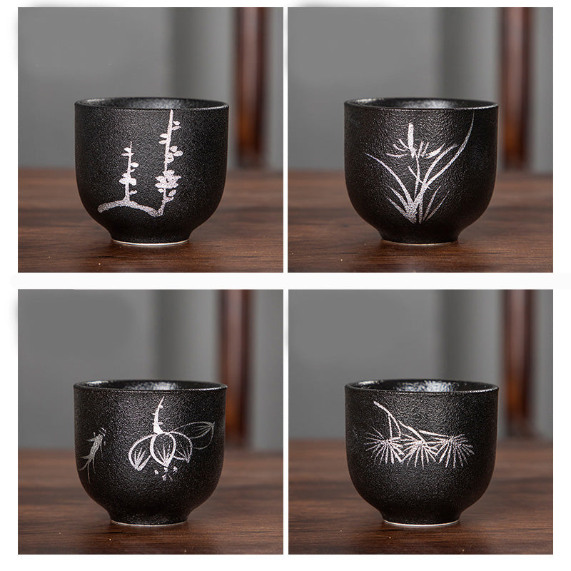 Buddha Stones Hand Painted Lotus Flower Bamboo Chrysanthemum Black Pottery Ceramic Teacup Kung Fu Tea Cup 95ml