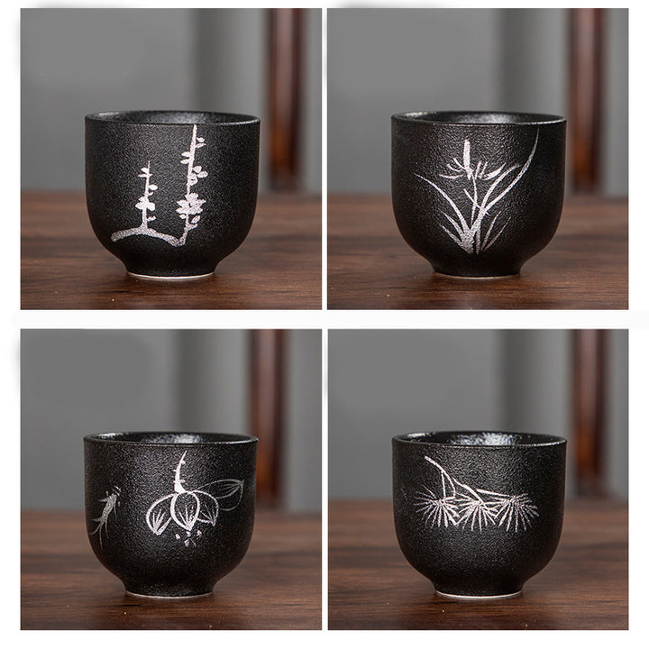 Buddha Stones Hand Painted Lotus Flower Bamboo Chrysanthemum Black Pottery Ceramic Teacup Kung Fu Tea Cup 95ml