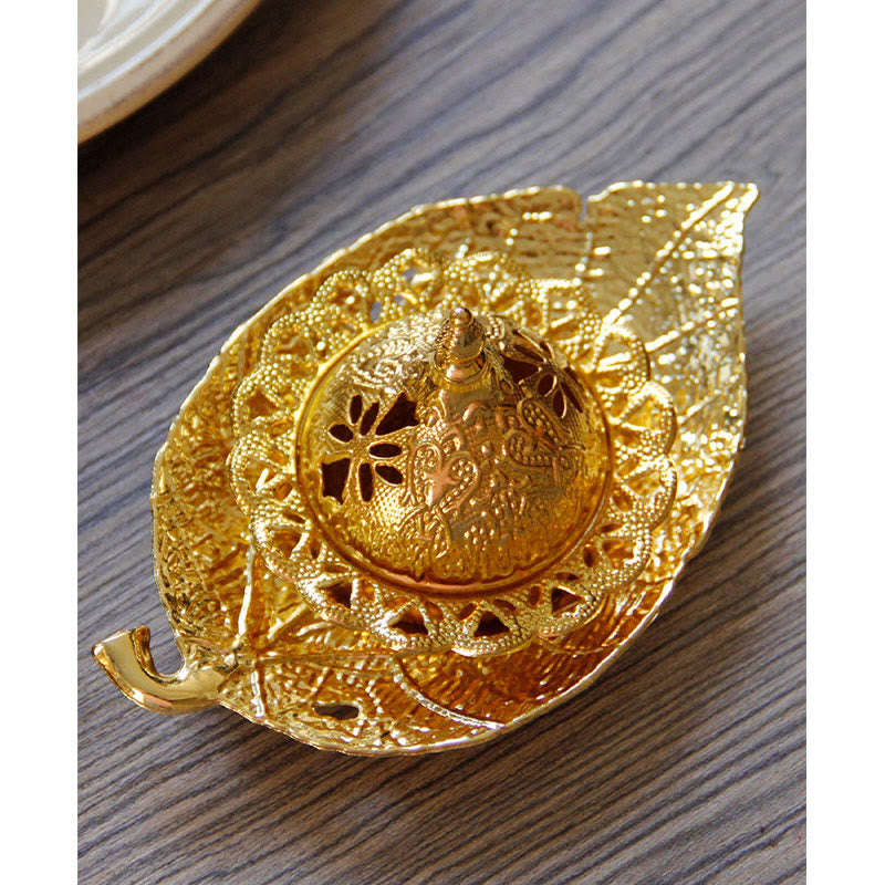 Tibetan Gold Mini Leaf Coaster Meditation Incense Burner - image 8