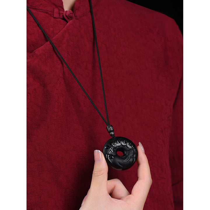 Buddha Stones Chinese Zodiac Natural Black Obsidian Peace Buckle Strength Necklace Pendant - image 11