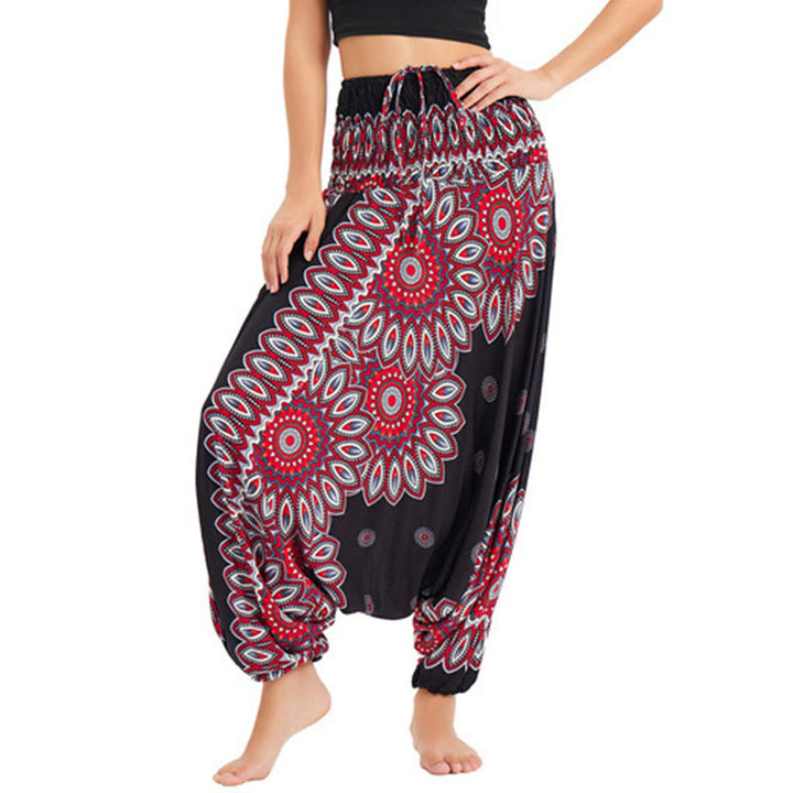 Buddha Stones Two Style Wear Sunflower Loose Smocked Harem Trousers Jumpsuit High Waist Pants