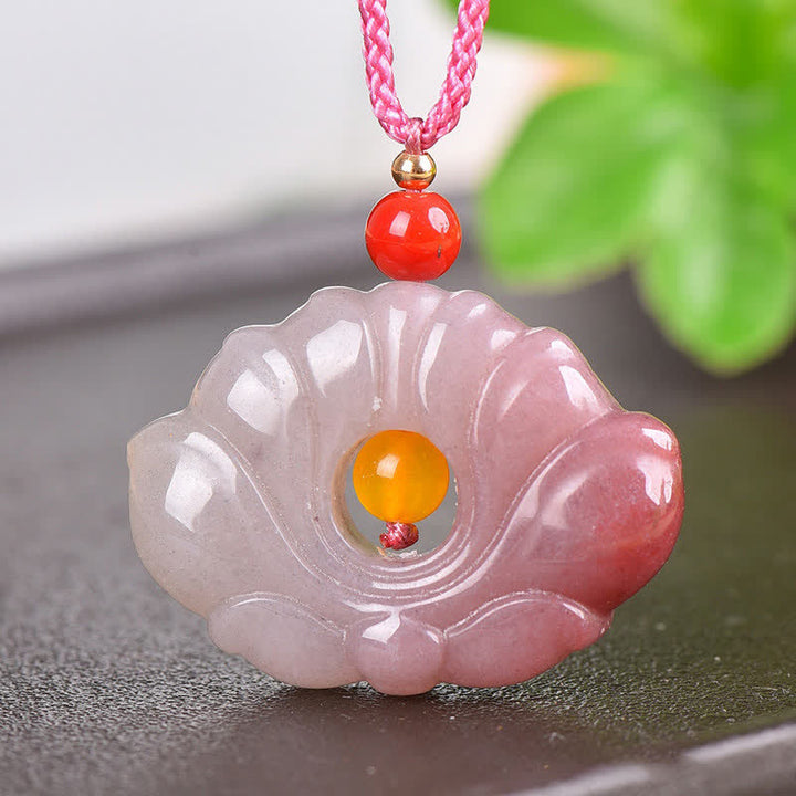 Pink Golden Silk Jade Lotus Flower Wealth Necklace Pendant - image 4