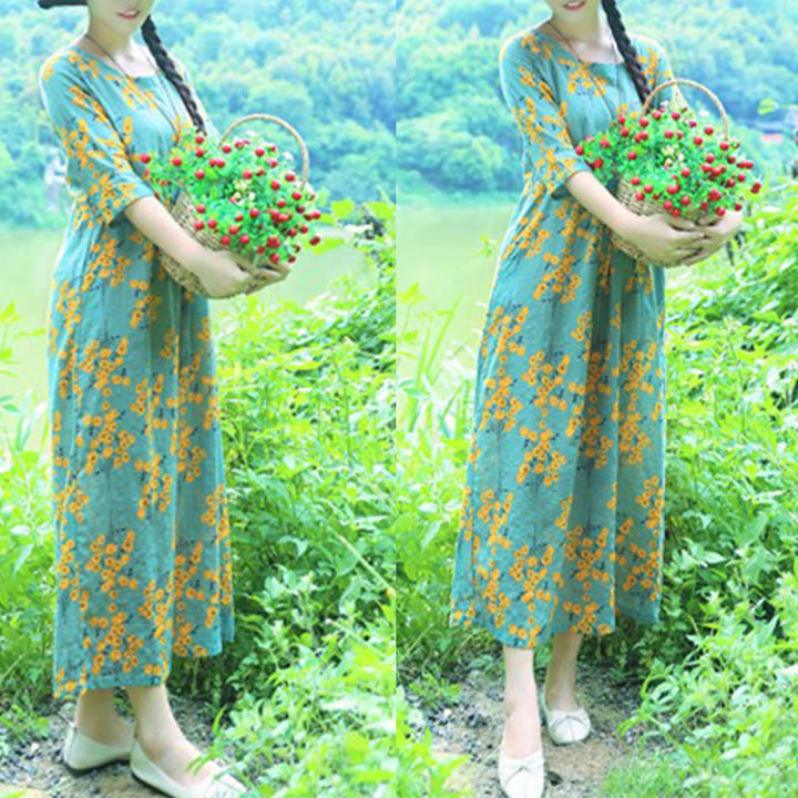 Buddha Stones Flowers Print Midi Dress Cotton Linen Tunic Dress With Pockets