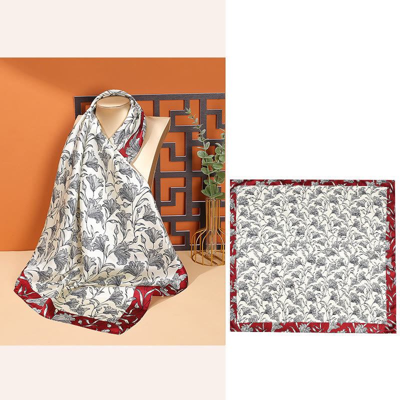 Buddha Stones Pastoral Scene Hot Air Balloon Spring Blossom 100% Mulberry Silk Neck Hair Scarf - Blossoms-Red Border - image 13