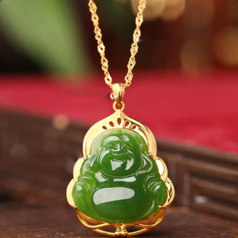 925 Sterling Silver Natural Hetian Cyan Jade Laughing Buddha 18K Gold Healing Necklace Chain Pendant - Hetian Cyan Jade (Success ♥ Healing) - image 0