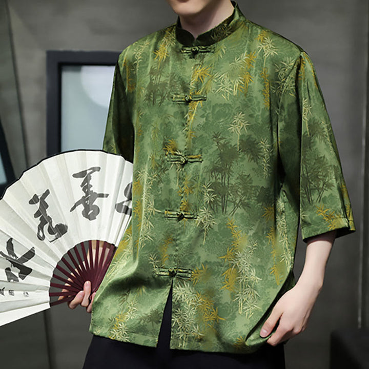 Buddha Stones Bamboo Leaves Pattern Chinese Half Sleeve Shirt Men T-shirt