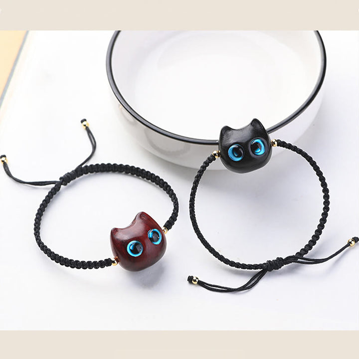 Buddha Stones Small Leaf Red Sandalwood Ebony Wood Cute Cat Head Calm Protection Braided Bracelet - image 19
