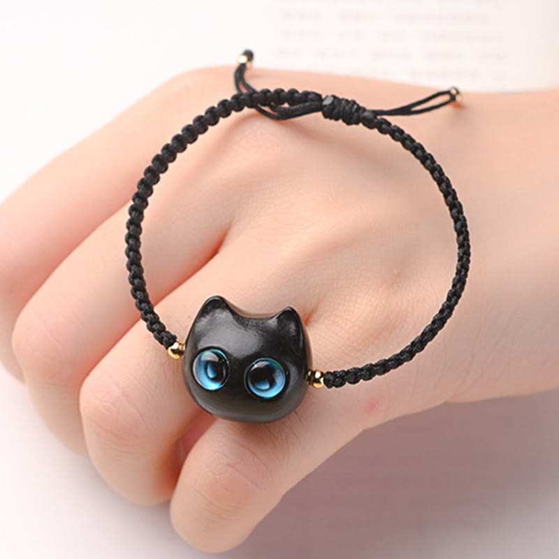 Buddha Stones Small Leaf Red Sandalwood Ebony Wood Cute Cat Head Calm Protection Braided Bracelet - image 14