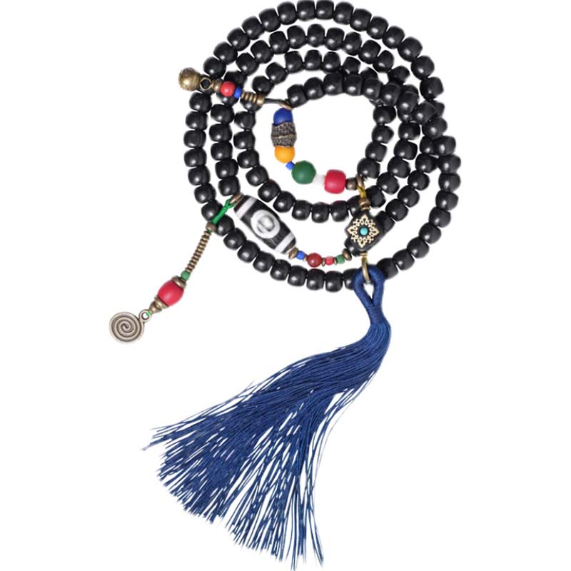 Buddha Stones 108 Beads Mala Ebony Wood Dzi Bead Copper Balance Tassel Bracelet - image 12