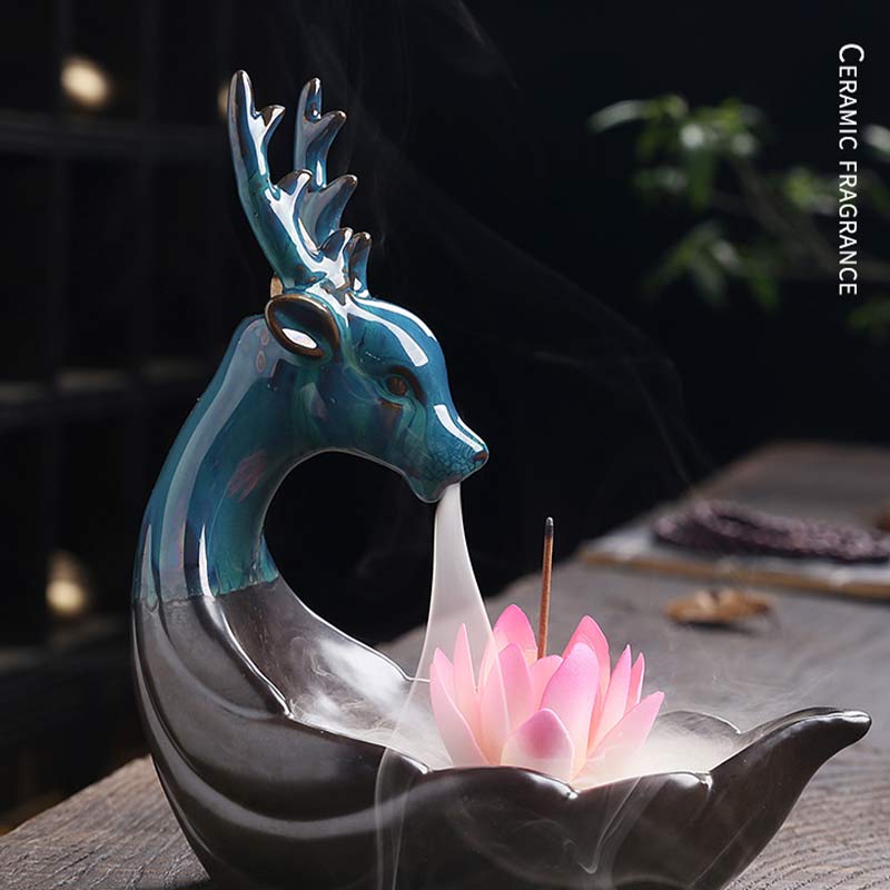 Buddha Stones Little Deer Ceramic Lotus Meditation Incense Burner Decoration - image 4