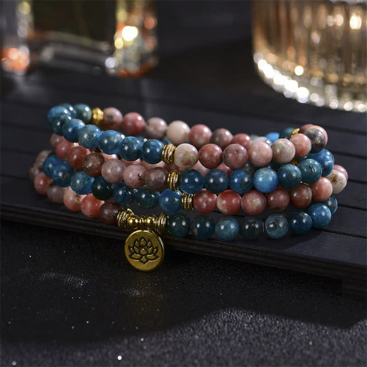 Buddha Stones Lazurite Lapis Lazuli Picasso Jasper Amazonite Rhodonite Apatite Positive Lotus Prayer Bead Bracelet - Apatite - image 14